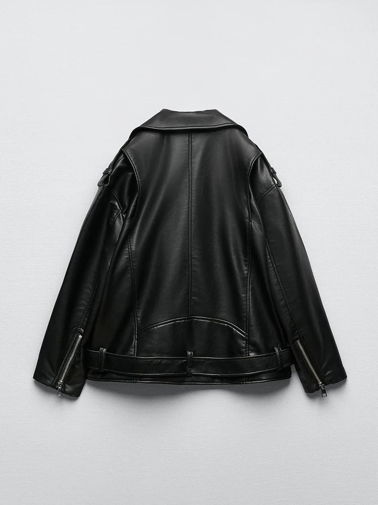 Ailegogo Women Loose Motorcycle Biker Black Pu Faux Leather Jacket with Belt Spring Autumn Female Zipper Coat Outwear - Matrix Studios