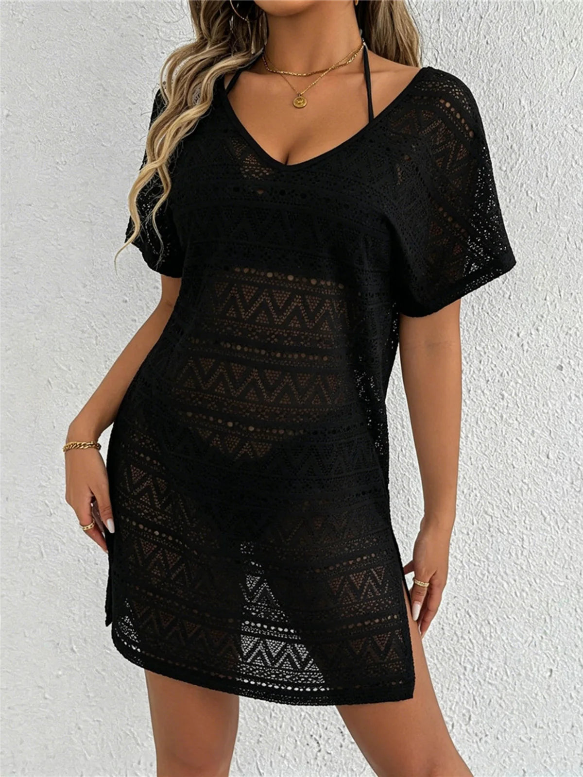 S - XL Cover-ups Beach Dress Beach Wear Beachwear Female Women V Neck Short Sleeve Hollow Out Knitted Tunic Beach Cover Up V8214 - Matrix Studios