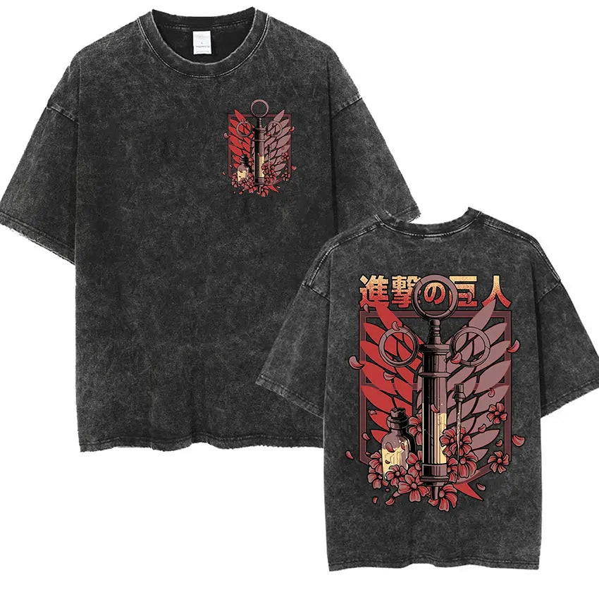 Anime Attack on Titan Vintage Washed Print T-shirt Mikasa Ackerman Eren Jaeger Wings of Freedom Logo Mens Summer Cotton T-shirts - Matrix Studios