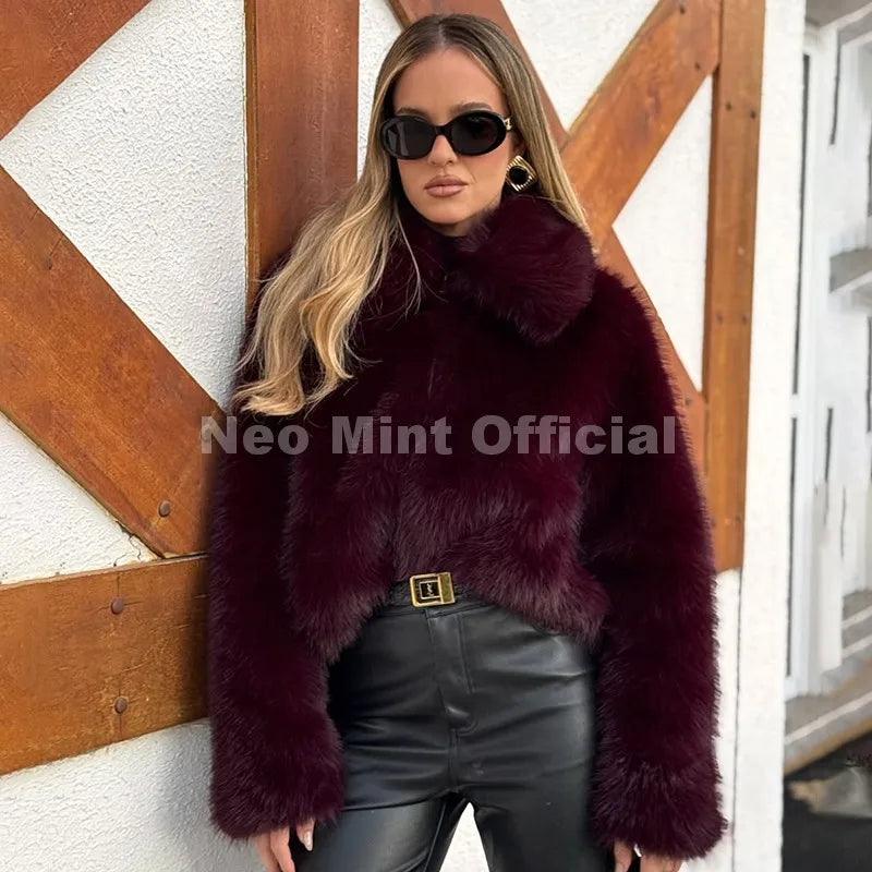Neo Mint Ins Blogger Brand Fashion Burgundy Obsession Faux Fur Coat Women Winter 2025 Vintage Brown Fox Fur Jacket Warm Overcoat - Matrix Studios