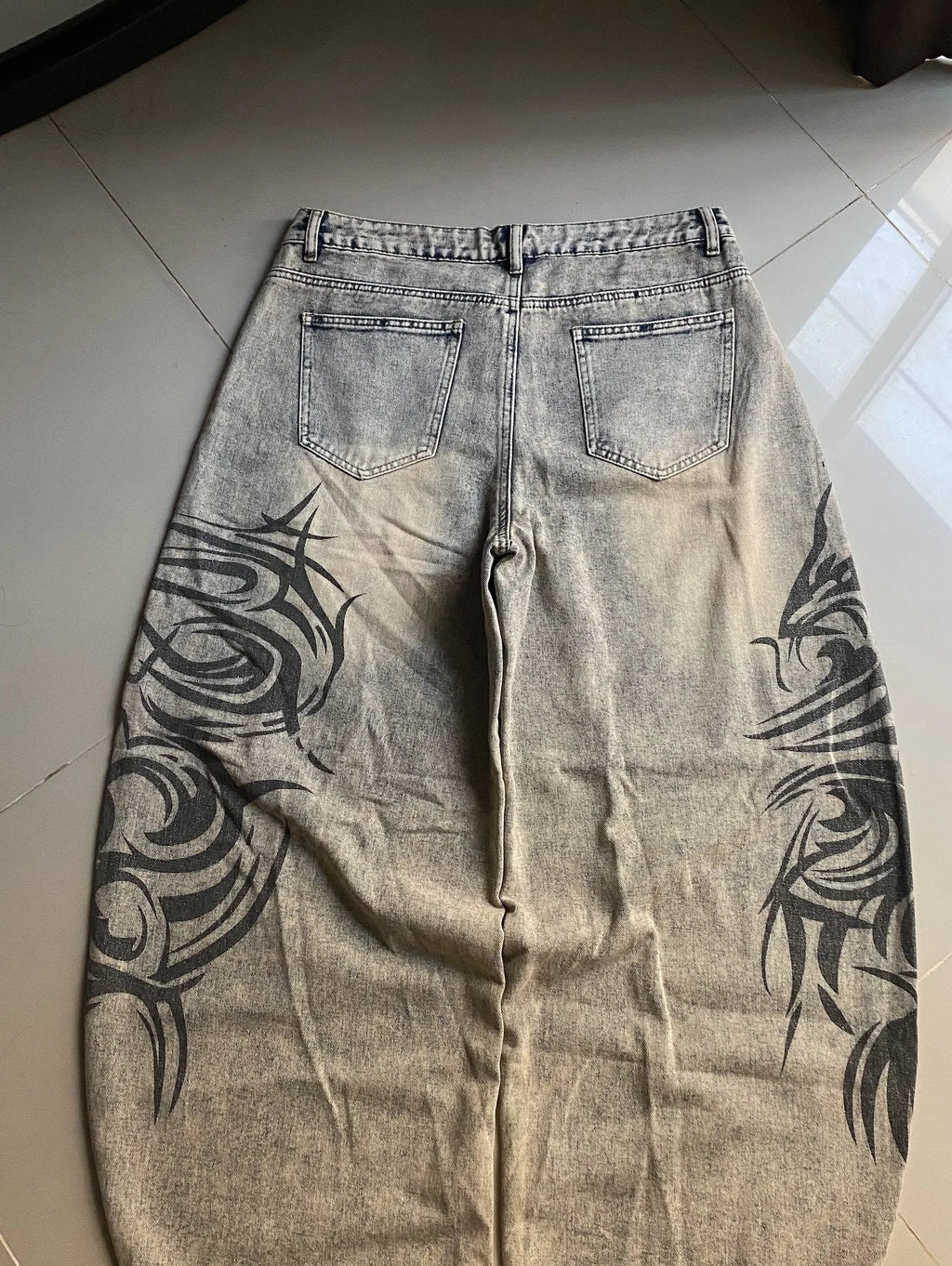 American Retro Streetwear Y2K Gray Printed Loose Jeans Hip Hop Harajuku Casual Washed Distressed Straight Floor Mopping Pants - Matrix Studios