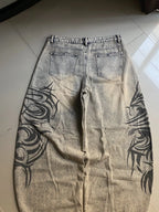 American Retro Streetwear Y2K Gray Printed Loose Jeans Hip Hop Harajuku Casual Washed Distressed Straight Floor Mopping Pants - Matrix Studios