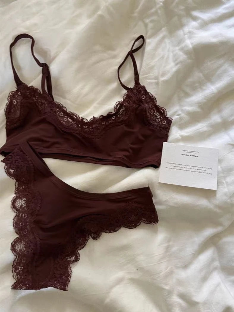 Lace Bra Set Woman Adjusted-strap Seamless Bras+Low Waist Panties Female Casual Simple Solid High Elasticity Lingerie Sets - Matrix-studios.com