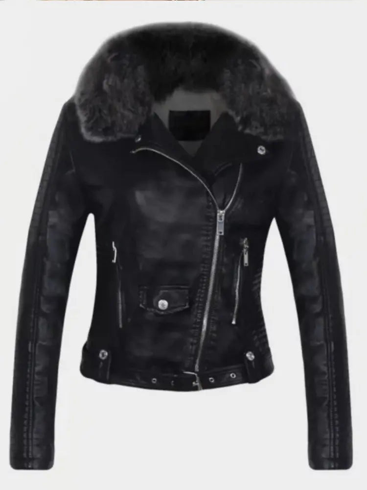 2026 Hot Fashion Women New Winter Warm Faux Leather Jackets with Fur Collar Belt Ladies Thick Black Moto & Biker Outerwear Coats - Matrix Studios