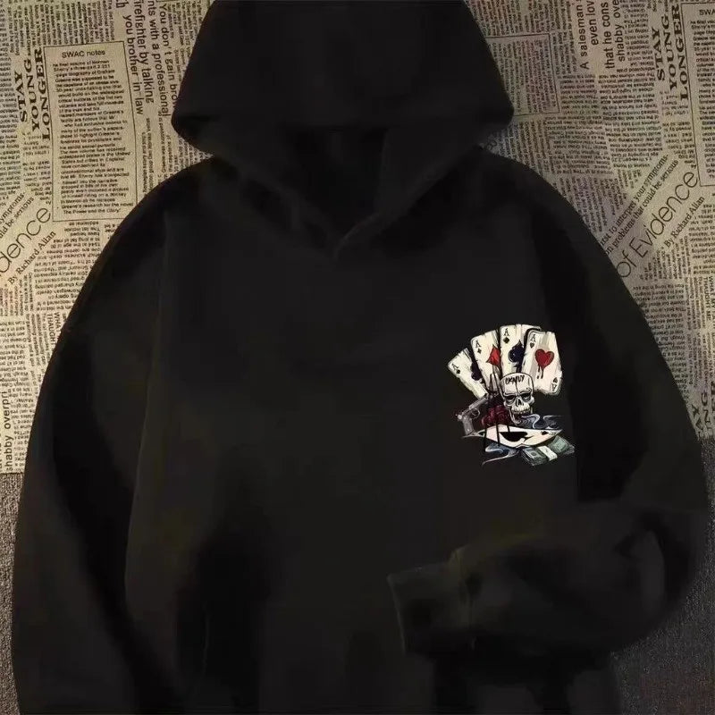 【M-8XL Hoodies】Autumn Men Pullover Hoodie Oversized Sweatshirt Fashion Loose Skeleton Poker Print Long Sleeve Couple Clothes - Matrix Studios