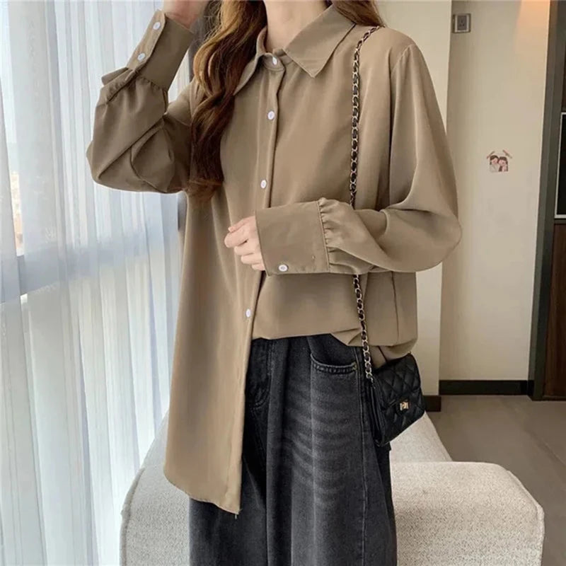 Women Chiffon White Shirts Korean Fashion Solid Loose Long Sleeve Tops Office Ladies Elegant Casual All Match Blouses Spring New - Matrix-studios.com
