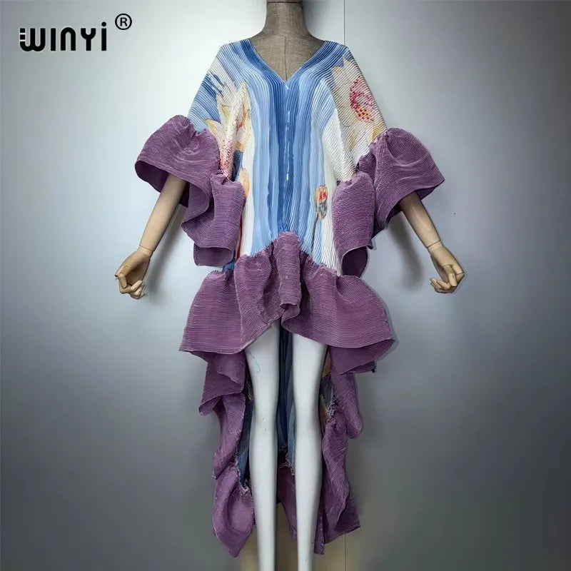 WINYI Middle East Boho Maxi Kaftan Dress Elegant Pleated Elastic Beach Cover up Luxury Party Evening Dubai Style Abaya - Matrix-studios.com