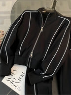 Woman's Color Blocking Sportswear Set Spring Autumn Fashion Flip Collar Zipper Coat Long Pants Two-piece Set Lady Leisure Outfit - Matrix-studios.com