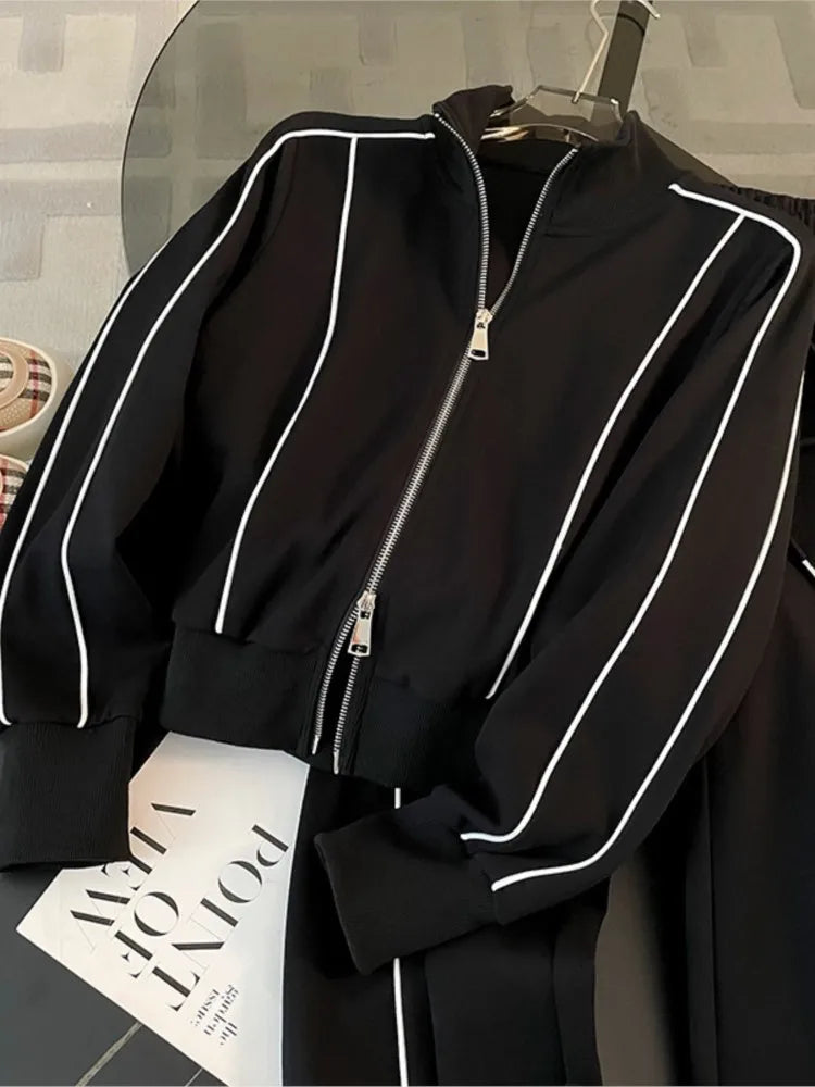 Woman's Color Blocking Sportswear Set Spring Autumn Fashion Flip Collar Zipper Coat Long Pants Two-piece Set Lady Leisure Outfit - Matrix-studios.com