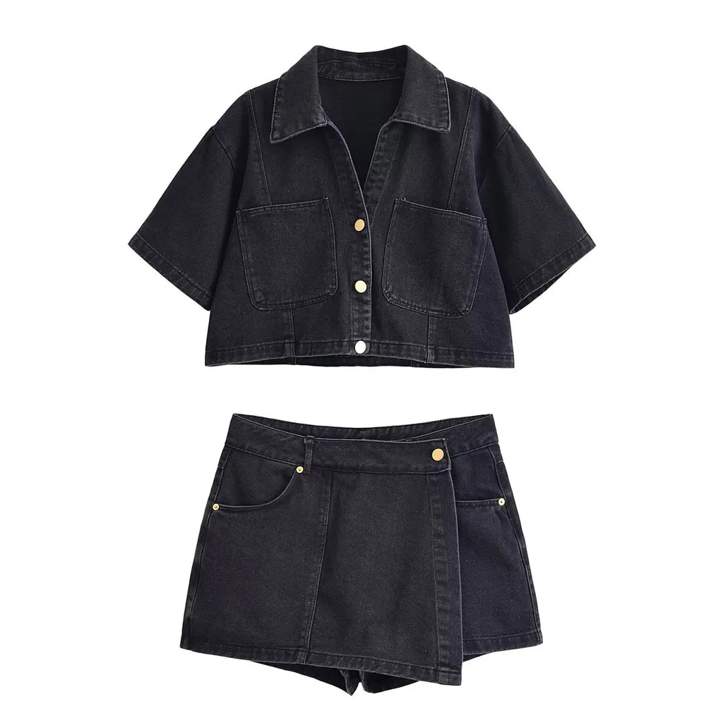Nlzgmsj  Summer Women's Casual Sets Fashion Mini Skirt Shorts Sets Denim Short Shirt Top Sets For Women Street Women Outfit - Matrix-studios.com