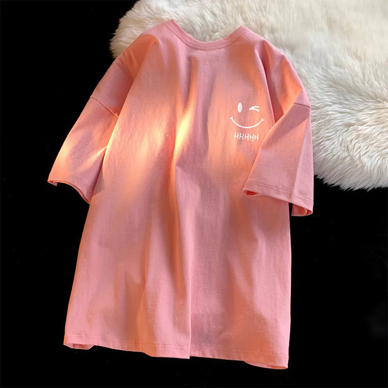 Men Women's Smiling Face Funny Fashion Couple Short Sleeved T-shirt American Basic Simple Oversized Loose Boys' Pullover Top - Matrix-studios.com