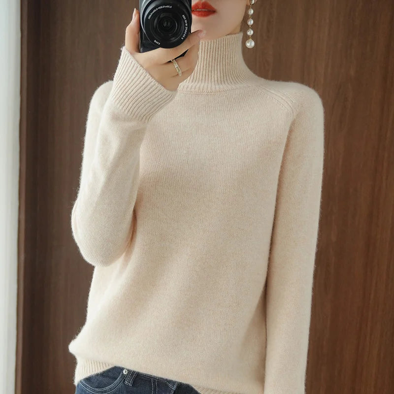 Autumn Winter Mock-Neck Merino Wool Pullover Basic Casual Cashmere Sweater Comfort Womes Raglan Sleeve Clothing Tops - Matrix Studios