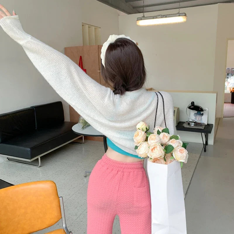 Combhasaki Women's Summer Open Front Bolero Shrug Long Sleeve Solid Color Sun Protection Transparent Knitted Cropped Cardigans - Matrix Studios