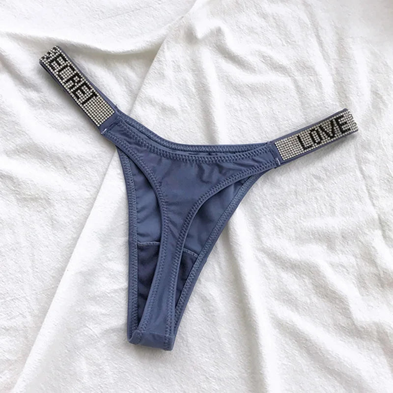 Low Waist Sexy Women Thongs Panties Rhinestones letter Diamonds G String Sports Thong Shorts Briefs T-back Fitness Size S-XL - Matrix Studios