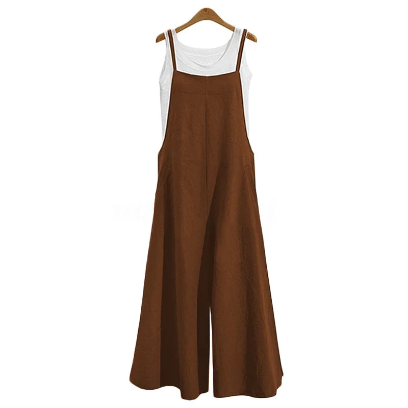 Women Straps Jumpsuit Summer Solid Color Wide Leg Pants Dungaree Bib Overalls Casual Loose Sleeveless Cotton Linen Jumpsuits 5Xl - Matrix Studios