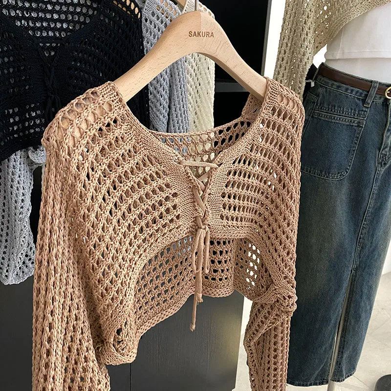 Crochet Crop Tie Front Cardigan Women Long Sleeve Sheer OpenKnit Bolero Shrug Top Summer Beach Bikini Cover Up Y2K Outfit - Matrix Studios