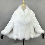New Real Genuine Natural Knitted Rabbit Fur Shawl Coat With Fox Fur Collar Women's Fashion Knit Jacket Cape - Matrix Studios