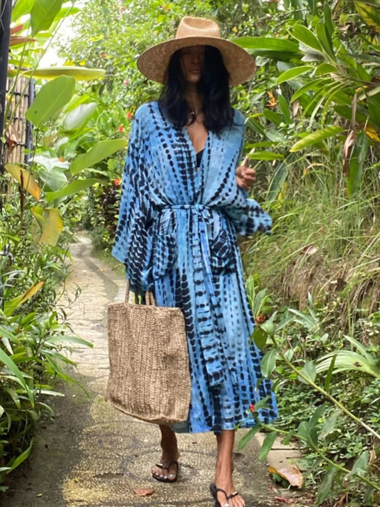 Bikini Cover Up Tie Dye Printed Swimsuit Cape Pareo Bohemian Beach Kimono Dresses Self Belted Bathing Suits Dropshipping - Matrix Studios
