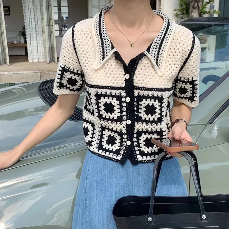 Floral Crochet Vest Top Collared Button-up Short Sleeve Sheer Crop Knit Top Cardigan for Women Teengirl Fairycore Vintage Outfit - Matrix Studios