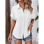 Women Casual Cotton Blouse Vintage Summer Short Sleeve Slim Shirt Elegant Turn Down Collar Solid Tunics Harajuku Streetwear Tops - Matrix-studios.com