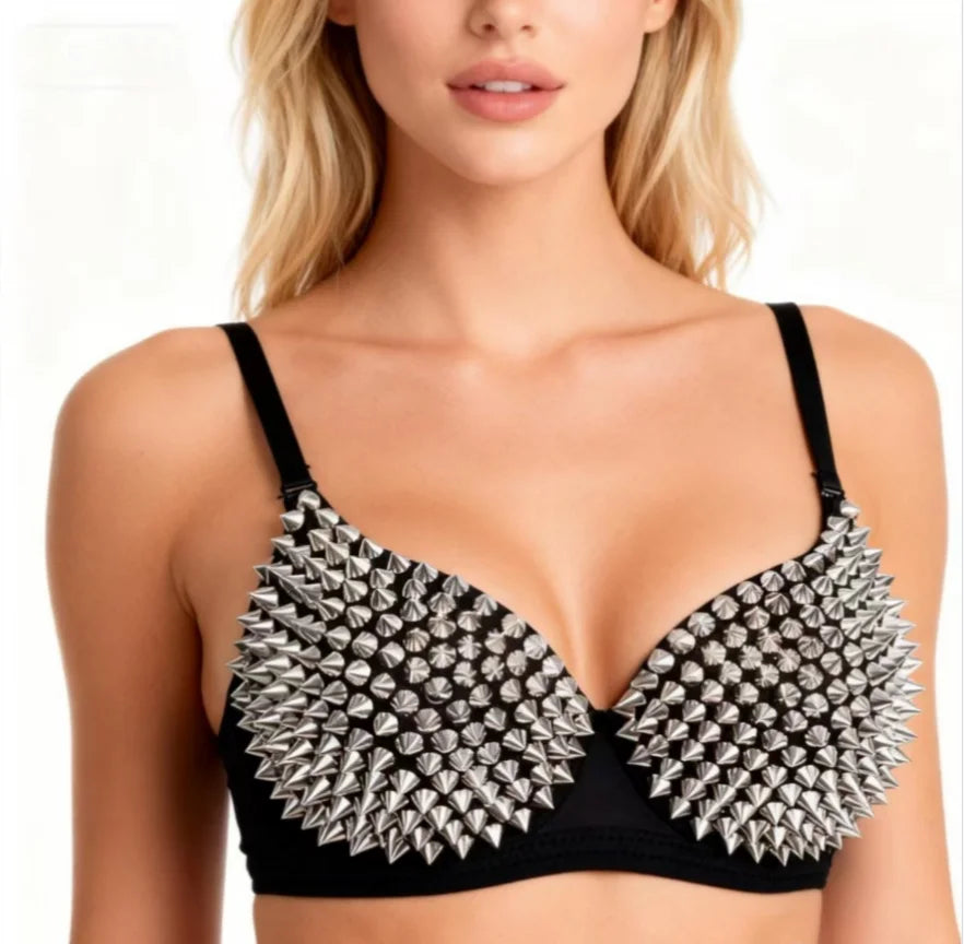 Silver Rivets Punk Rave Bralette Lingerie Gothic Bra Top Sexy Push Up Brassiere Nightclub Party Bar Fashion Hot Bras For Women - Matrix Studios