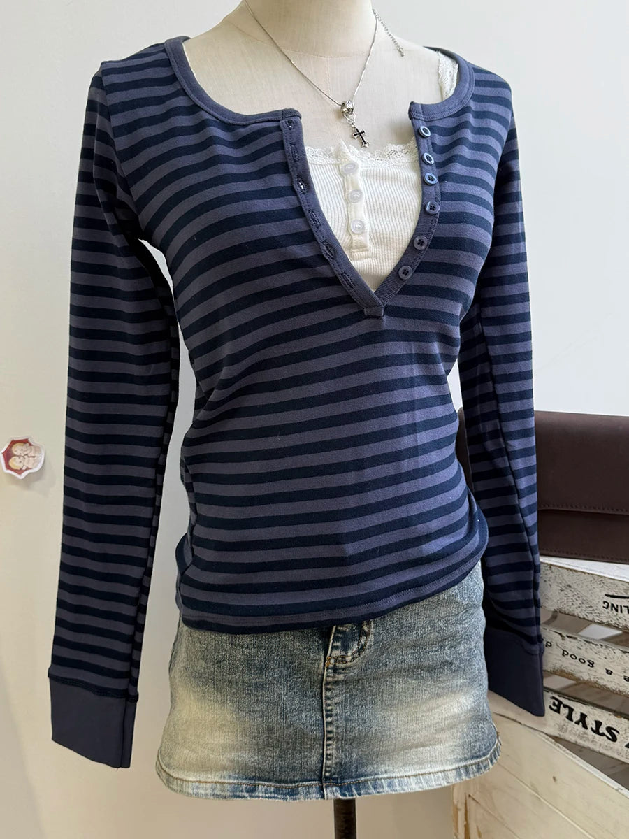 Pink Striped Slim Long Sleeve Tees Women Spring Casual Cotton O-neck Tshirt New Tops Clothes Sweet Cute  Vintage T-shirts Y2K - Matrix-studios.com