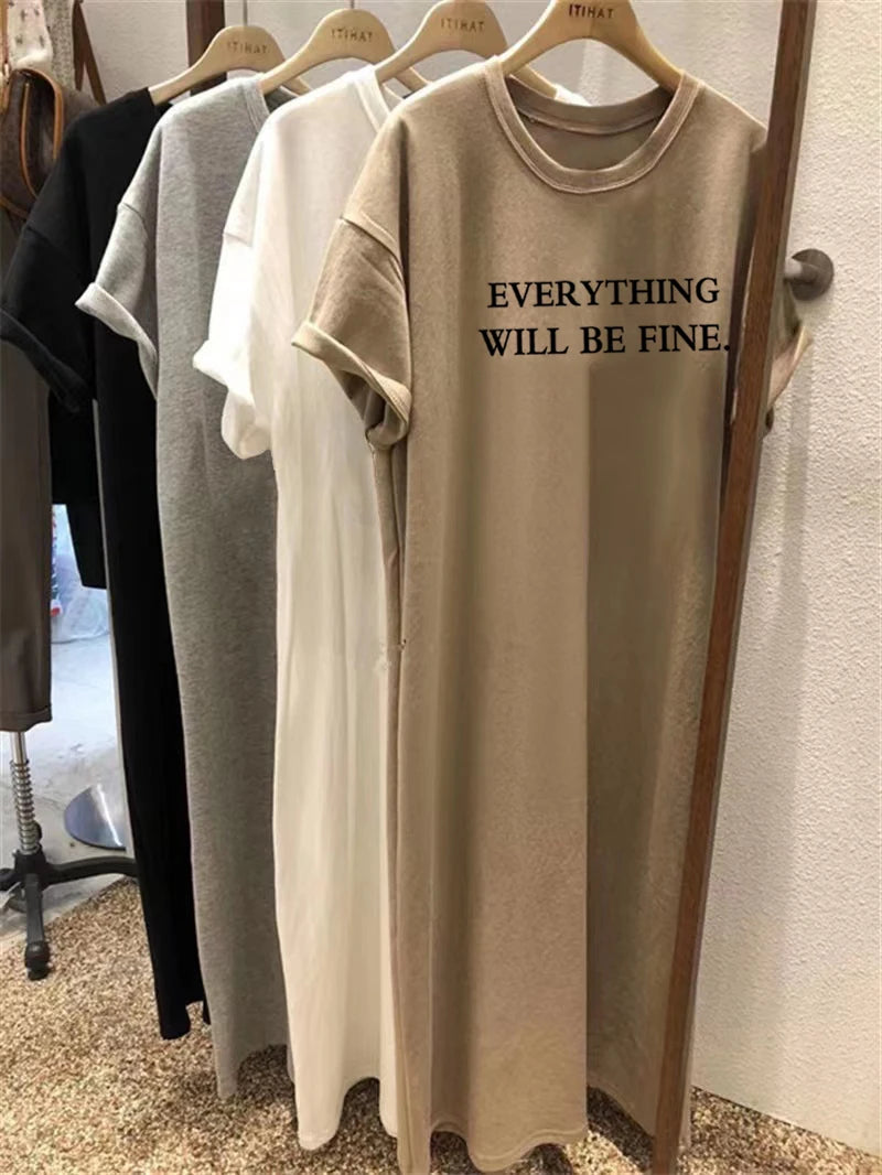 Summer Thin Plus Size Loose Short Sleeved Dress Women 2025 New Letter Printed Simple Round Neck Dress - Matrix-studios.com