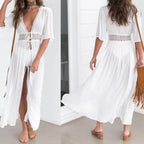 V Neck Summer Beach Cover Up Long Sleeve Ruffled Bikini Sunscreen Smock Vacation Casual Swimsuit Cover Up Dress for Women - Matrix Studios