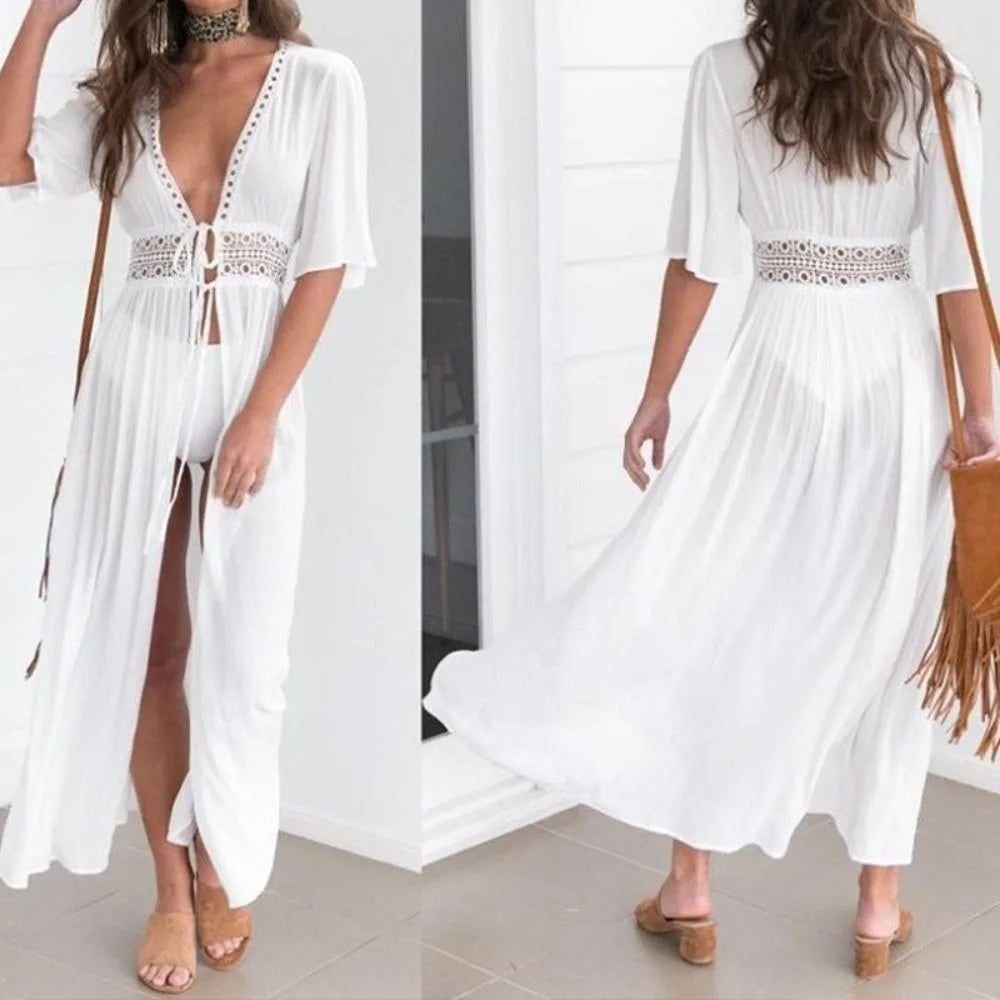 V Neck Summer Beach Cover Up Long Sleeve Ruffled Bikini Sunscreen Smock Vacation Casual Swimsuit Cover Up Dress for Women - Matrix Studios