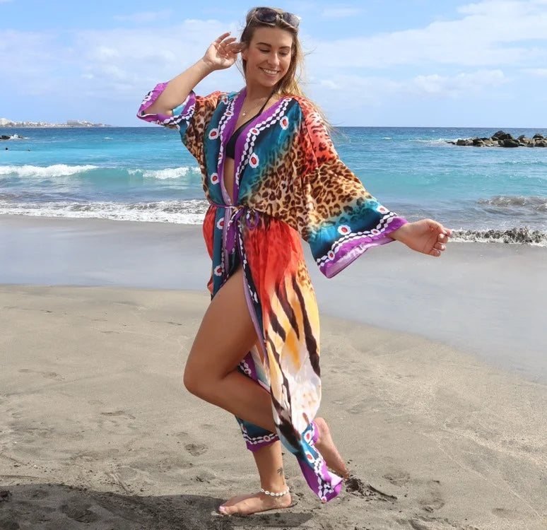 Swimsuit Cover Up Printed Kimono for Sea Boho Coverup Long Luxury Beach Outings Belted Swimwear Cape Holiday Bathing Suits Sales - Matrix Studios