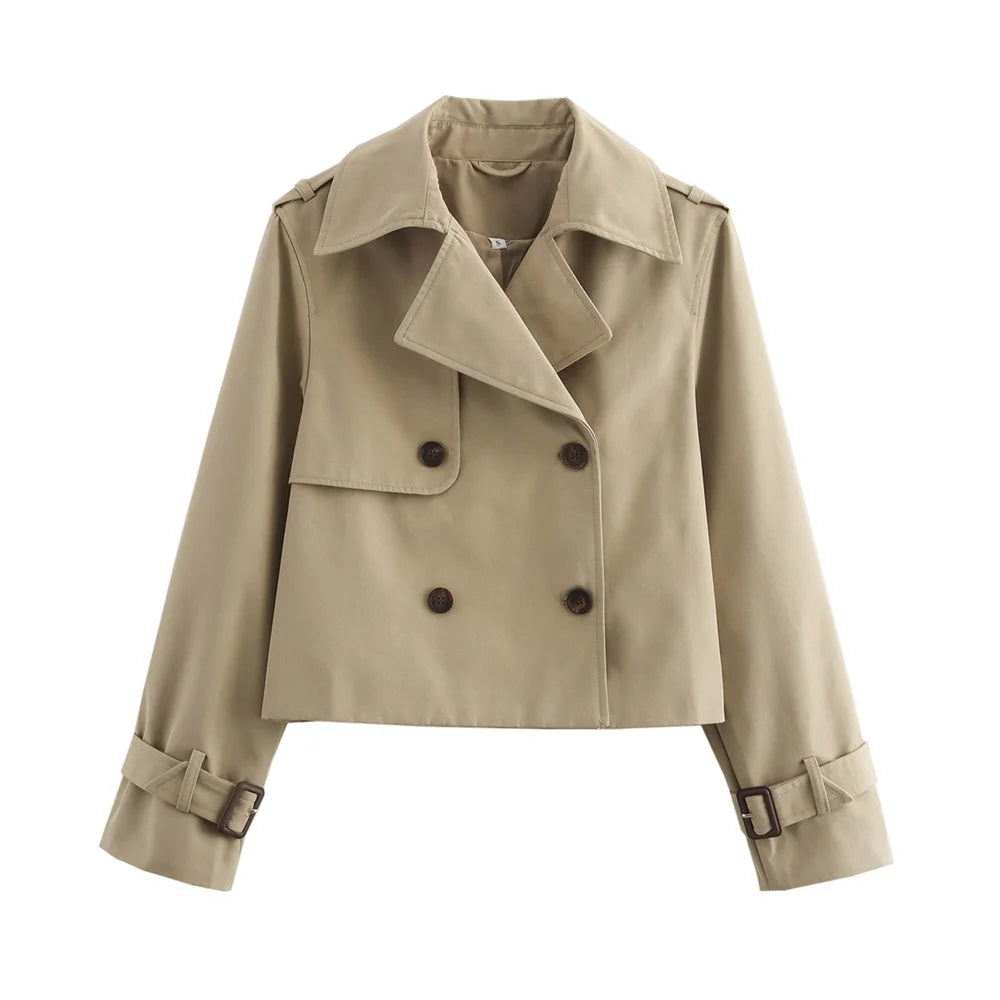 Ladies Vintage Cropped Trench Spring Autumn Jacket Women Streetwear Double Breasted Long Sleeve Top Female Chic Coat Outfits - Matrix-studios.com