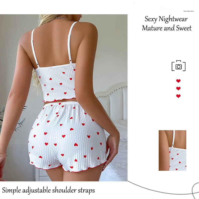 Sexy Sleepwear Women Pajamas Set Heart Print Silk Stain V-Neck Sleeveless Casual Cami Top and Shorts Sets Home Suit Loungewear - Matrix-studios.com