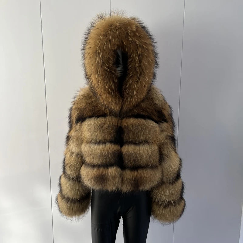 BEIZIRU Women's Real Raccoon Fur Coat Winter Long Sleeve Hooded Jacket with Turndown Collar Natural Luxury Thick Top - Matrix Studios