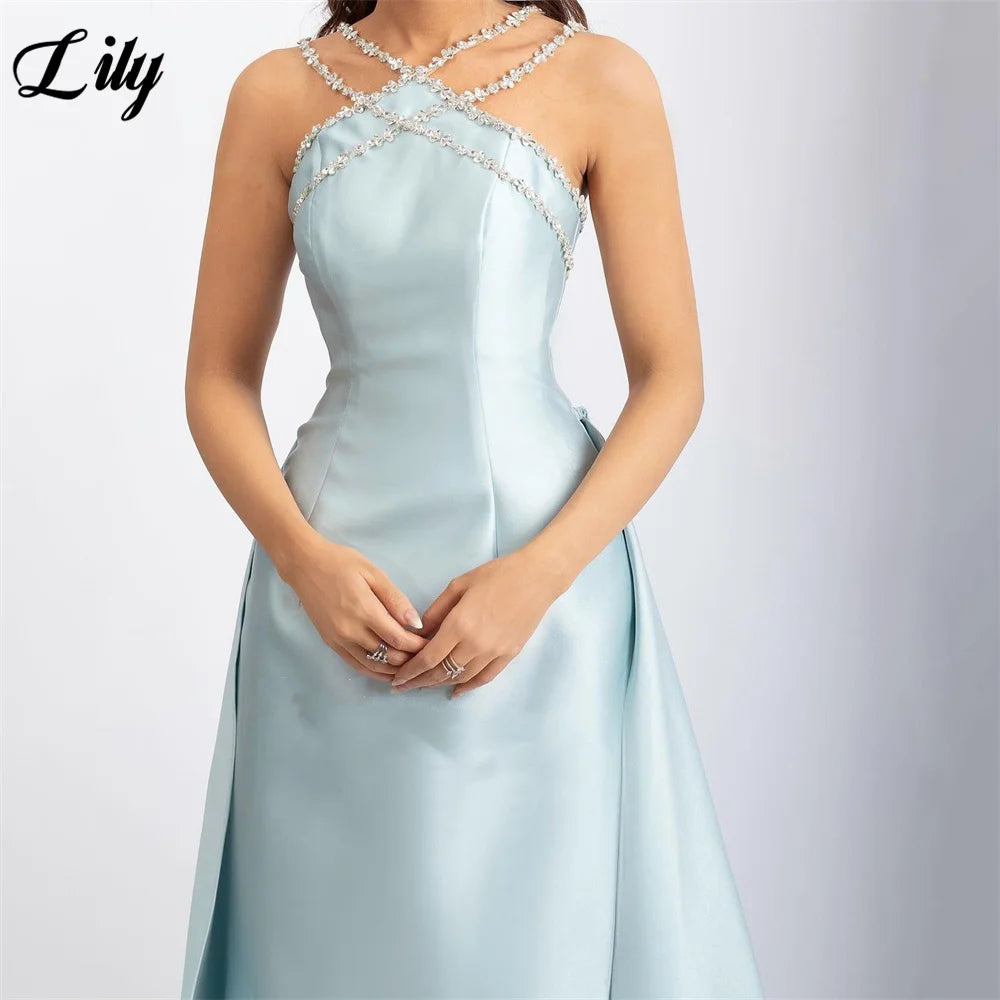 Lily Light Blue Prom Dress Shiny Beading Halter Party Dresses Stain  Sleeveless Celebrity Gowns with Detachable Tail Customized - Matrix-studios.com