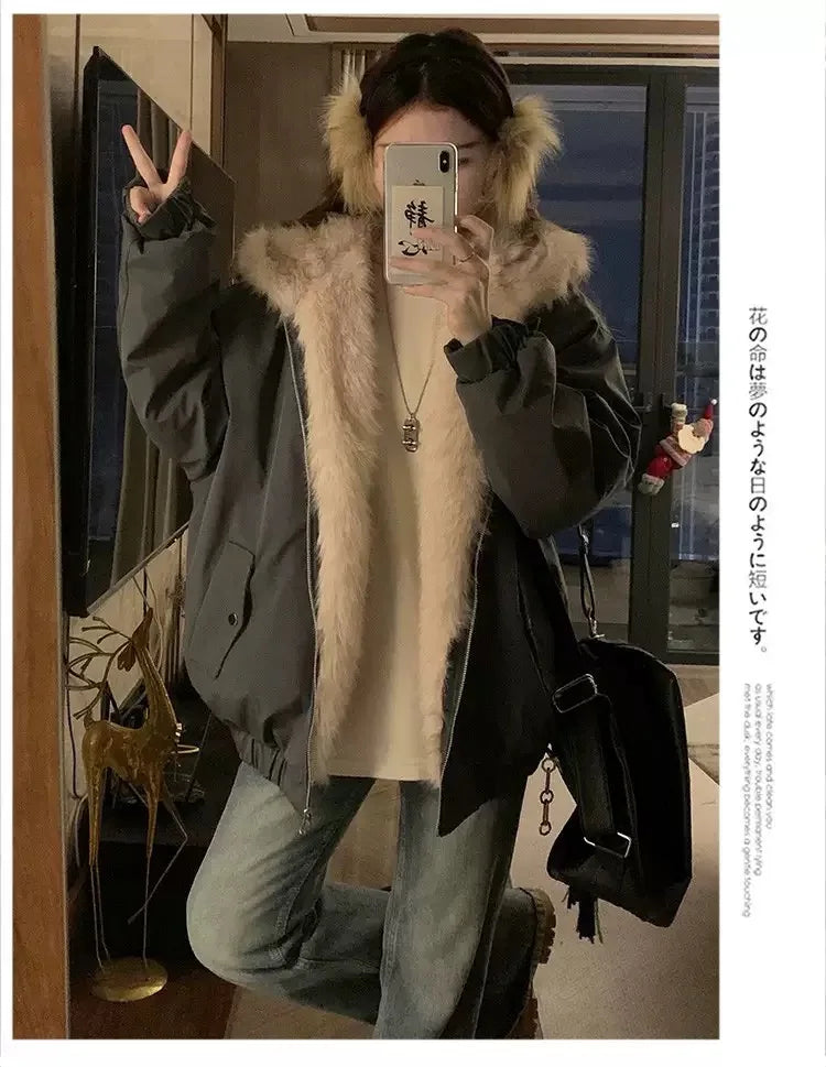 Double-Sided Warm Fur Coat Women Autumn Winter Loose Thicken Plush Cotton Coat 2025 New Women Hooded Imitation Mink Fur Outwear - Matrix Studios