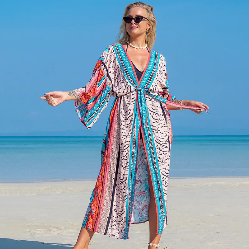 Swimsuit Cover Up Printed Kimono for Sea Boho Coverup Long Luxury Beach Outings Belted Swimwear Cape Holiday Bathing Suits Sales - Matrix Studios