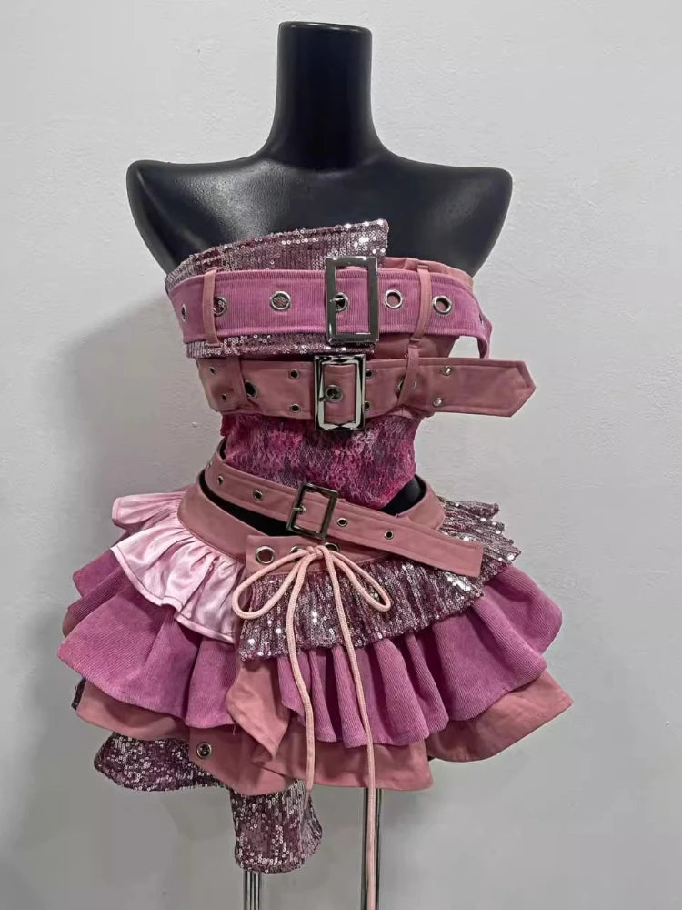 2000s Aesthetic Punk Style Women New 2 Piece Set Sexy Strapless Tops + High Waist Skirt Female Retro Chic Korean Popular Clothes - Matrix-studios.com
