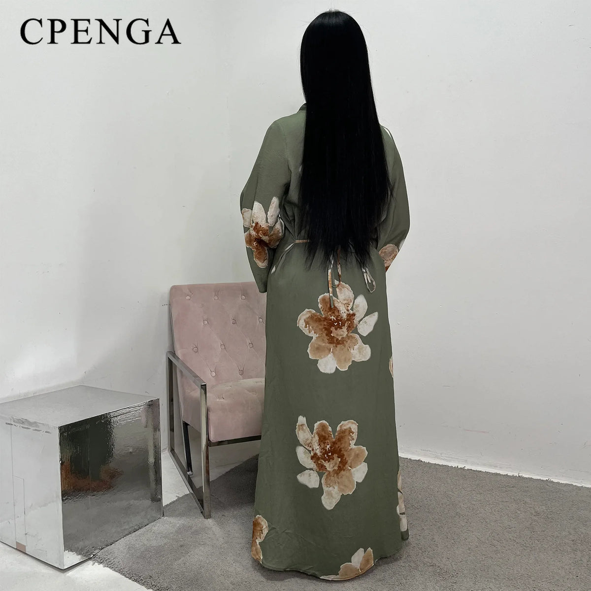 Arabesque Bell Sleeve Flowy Maxi Abaya Dress Elegant Floral Print Muslim Modest Long Dress Islamic Vacation Outfit Summer Robe - Matrix-studios.com