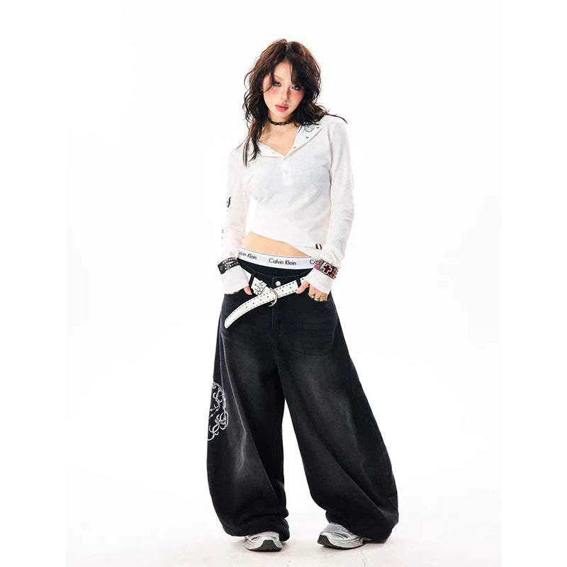 YIBASHU Women Vintage Embroidery Y2K Baggy Jeans Female High Waist 2000s Wide Leg Denim Pants American Retro Harajuku Trouser - Matrix-studios.com