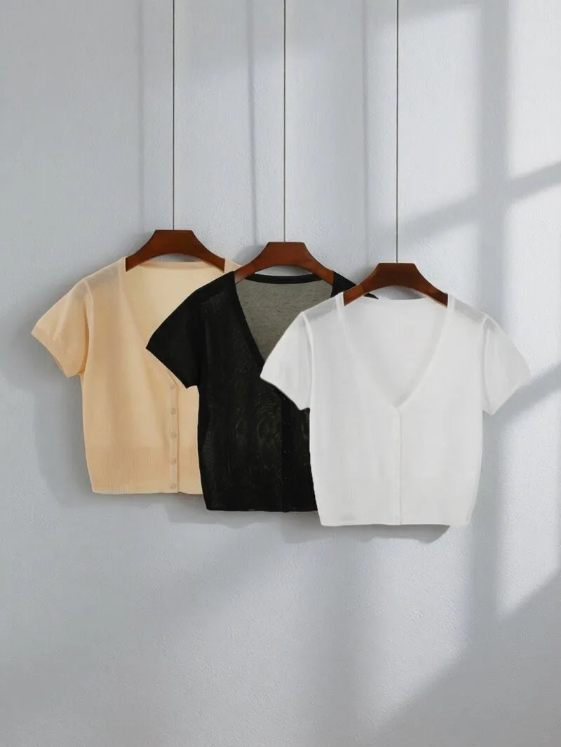 Outerwear Jerseys Summer Cardigan Women Cropped Blouses Korean Fashion Style Cute V-neck Women's Coat Black Bolero Woman Basic - Matrix Studios
