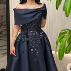 Customized Navy Blue A-line Flower Appliques Satin Evening Dress Draped Off the Shoulder Sleeveless Ankle Length Party Prom Gown - Matrix Studios