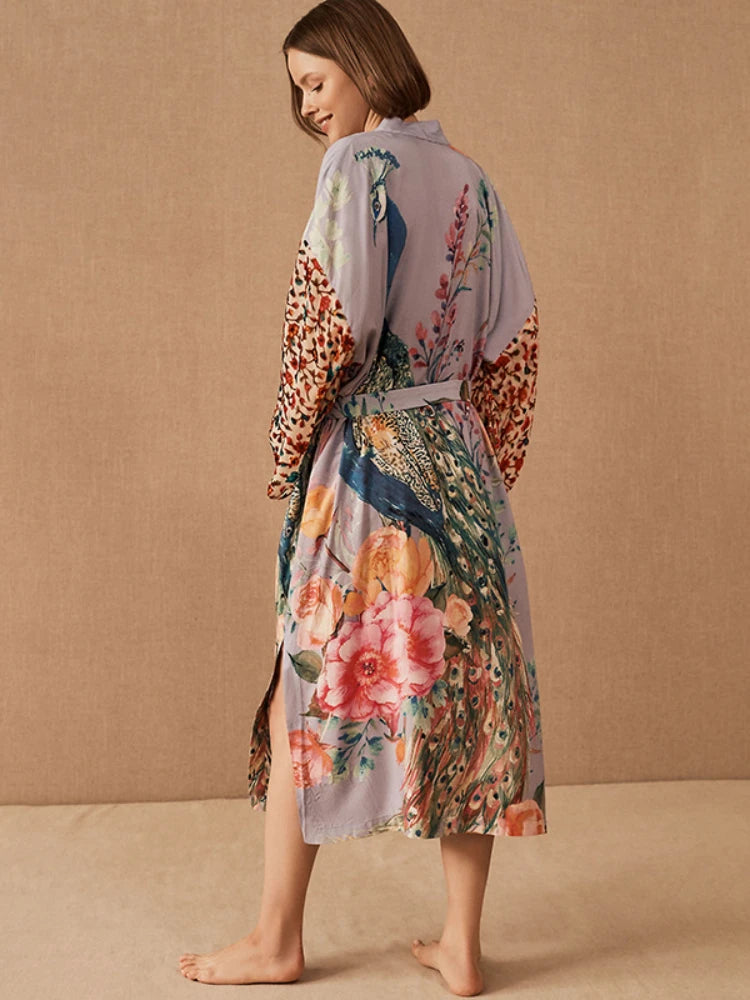 Beach Kimono for Women Peocock Printed Swimsuit Cover Up Self Belted Wrap Dresses Seaside Bathing Suits Beachwear - Matrix Studios