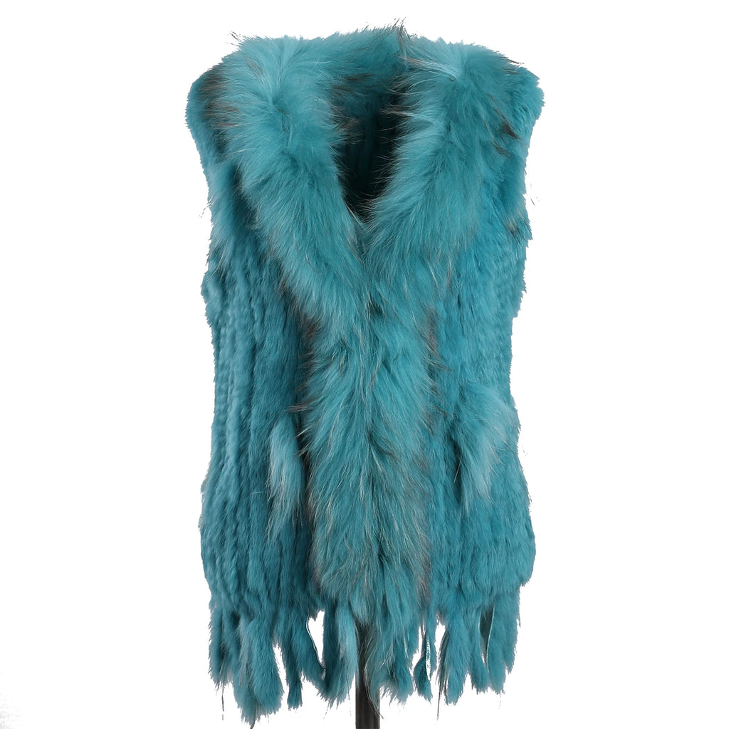BOONJOVIA Women's 100% Real Rabbit Fur Knitted Vest Raccoon Fur Trim Collar Gilet Lady Fashion Waistcoat For Autumn Winter - Matrix Studios