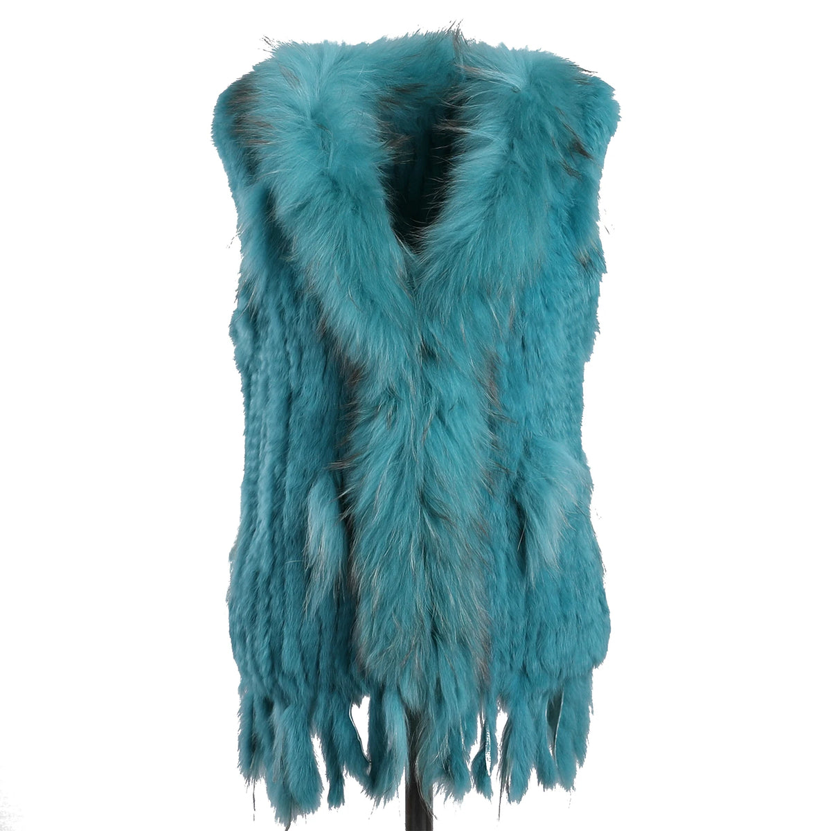 BOONJOVIA Women's 100% Real Rabbit Fur Knitted Vest Raccoon Fur Trim Collar Gilet Lady Fashion Waistcoat For Autumn Winter - Matrix Studios