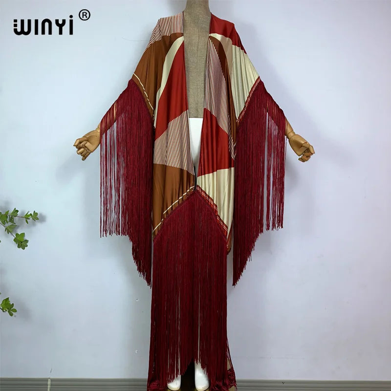 WINYI Kimono Cover-ups Summer Boho Print Bikini Cover-up Elegant Fashion Cardigan Sexy Holiday Long Sleeve Tassels Maxi Dress - Matrix Studios