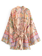 Happie Queens Vintage Peacock Floral Print Sashes Bohemian Kimono Women  V Neck Batwing Sleeves Short Robe Boho Bikini Cover-ups - Matrix Studios