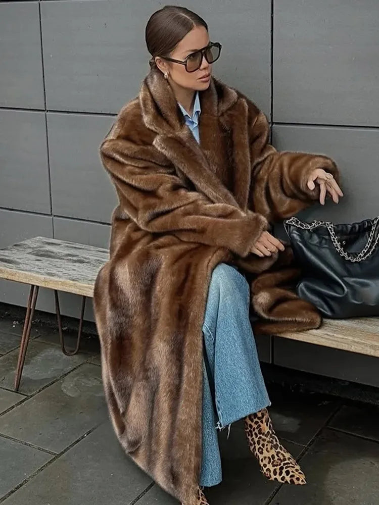 Woman Mixed Color Long Faux Fur Coat Fashion Lapel Collar Full Sleeve Loose Overcoat 2025 Winter Lady Warm High Street Outwear - Matrix Studios