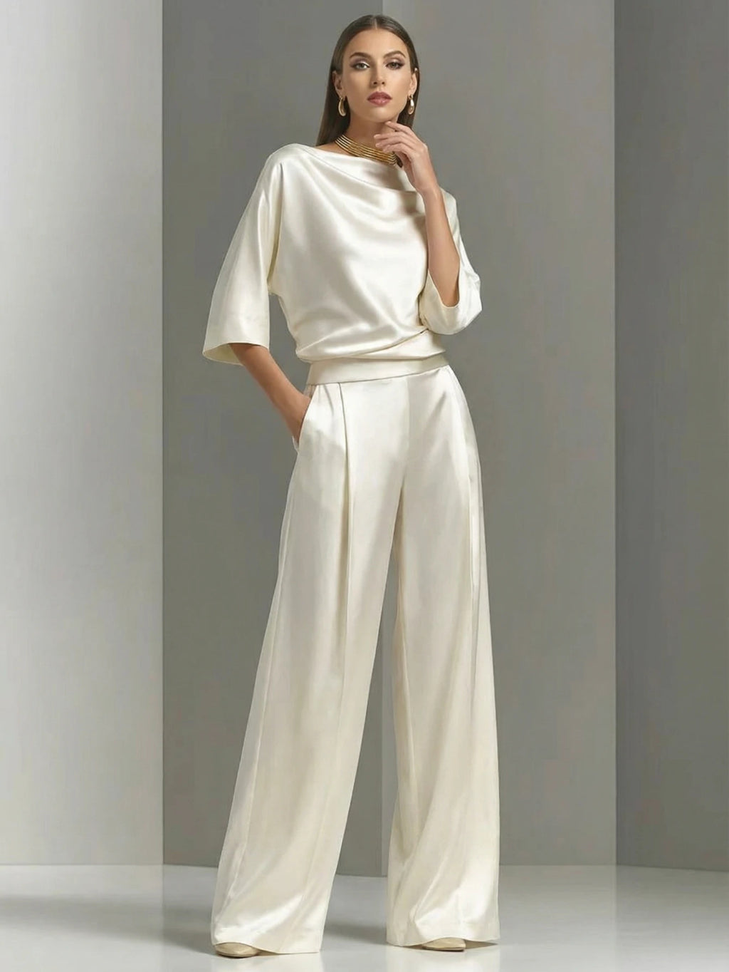 Draped Cowl Neck Half Sleeve Top And High Waist Wide Leg Pants Two Piece Outfit Set With Side Pockets Elegant Formal Matching Suit For Women - Matrix-studios.com
