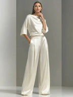 Draped Cowl Neck Half Sleeve Top And High Waist Wide Leg Pants Two Piece Outfit Set With Side Pockets Elegant Formal Matching Suit For Women - Matrix-studios.com