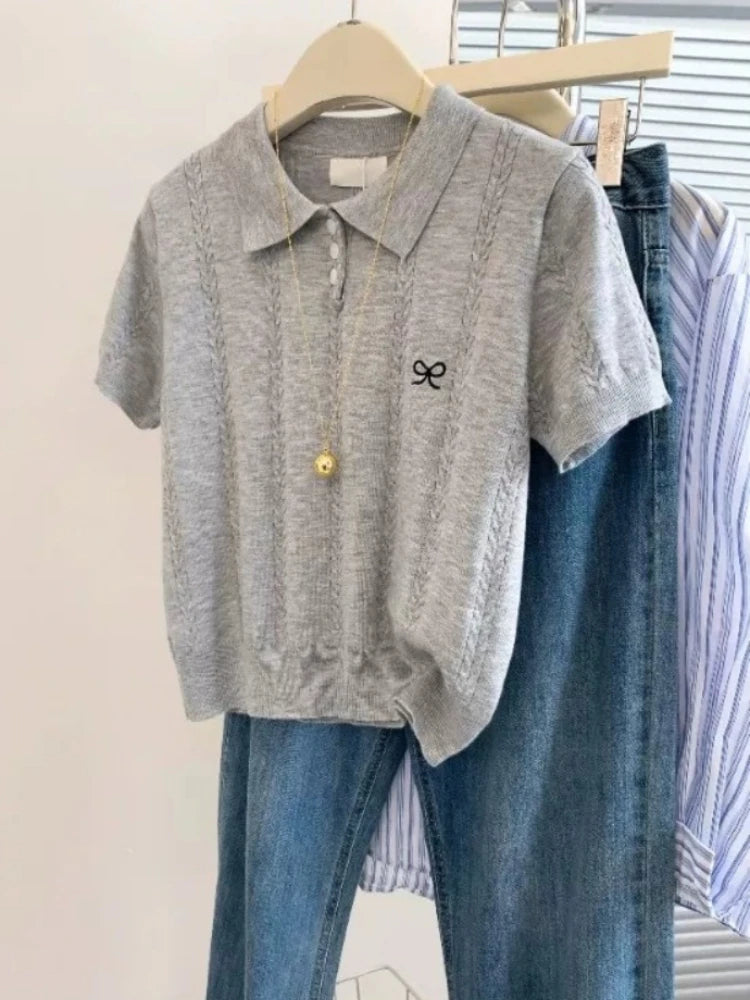 AOSSVIAO Cute Bow Embroidery Short Sleeve Tops 2026 Summer New Women Gray Knitted Polo neck T-shirt Trendy Versatile Casual Tee - Matrix-studios.com